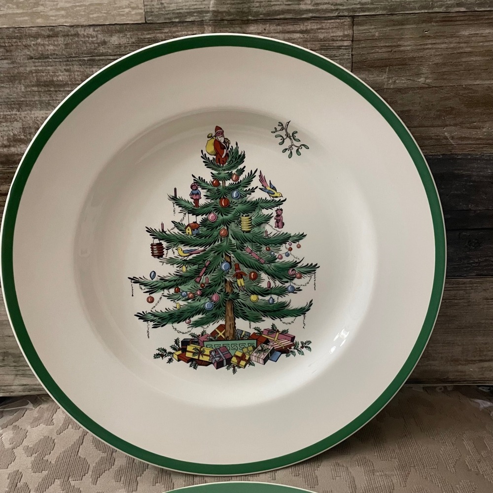 Spode Christmas Tree Dinner Plates Set of 4 England S3324 M Green Trim 10.5 inch - Picture 2 of 4
